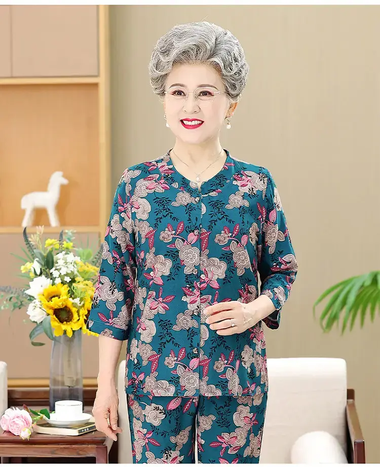 Elderly Women's Blue Paisley Suit Cotton Silk 3Pc Set — feature 17
