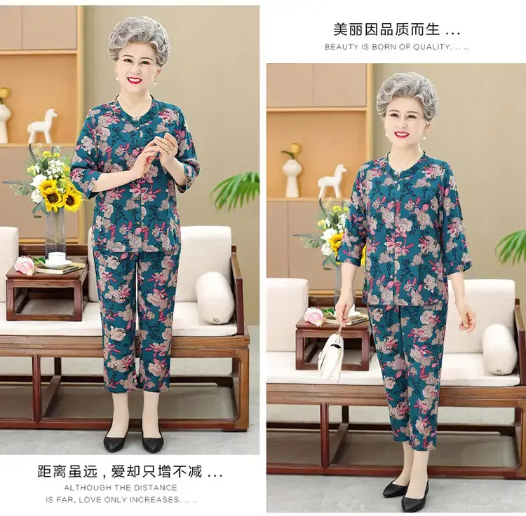 Elderly Women's Blue Paisley Suit Cotton Silk 3Pc Set — feature 18