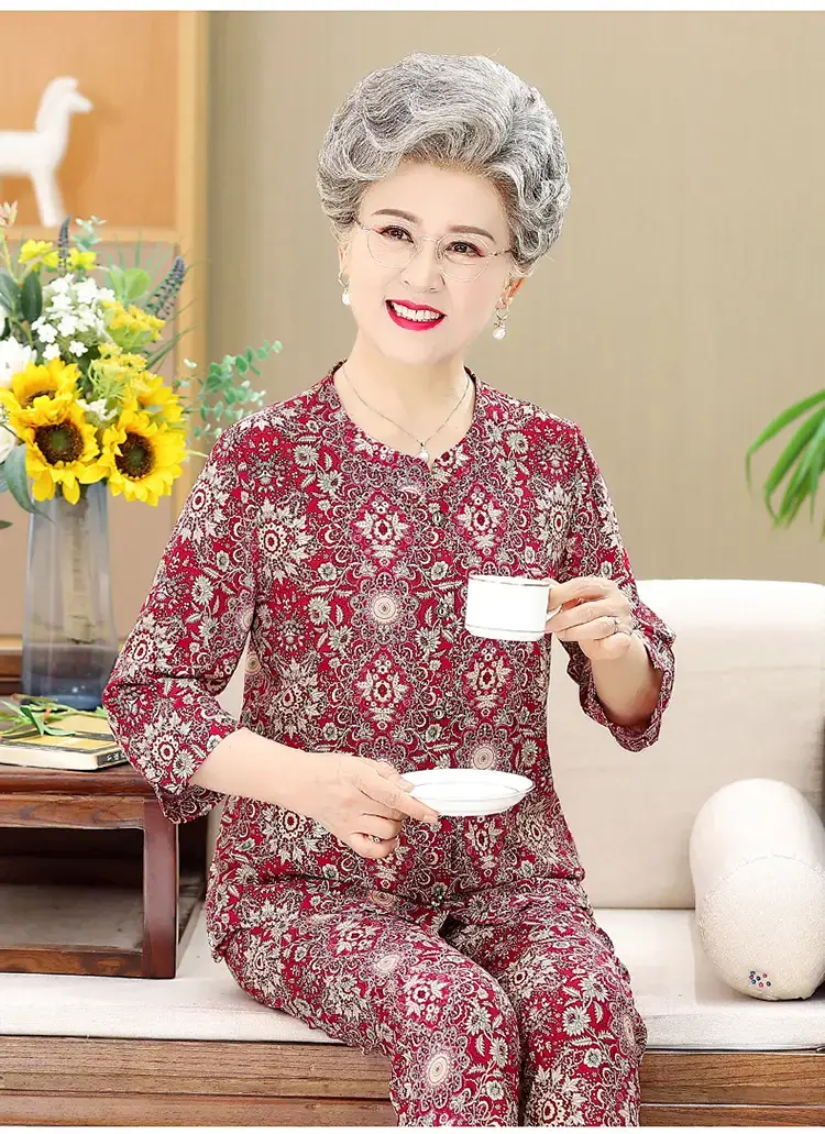 Elderly Women's Blue Paisley Suit Cotton Silk 3Pc Set — feature 9