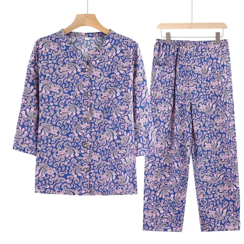Elderly Women's Blue Paisley Suit Cotton Silk 3Pc Set - Image 4