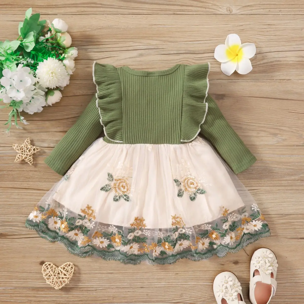 Baby Girl Ruffled Mosaic Dress Green Moustache Bow - Image 3