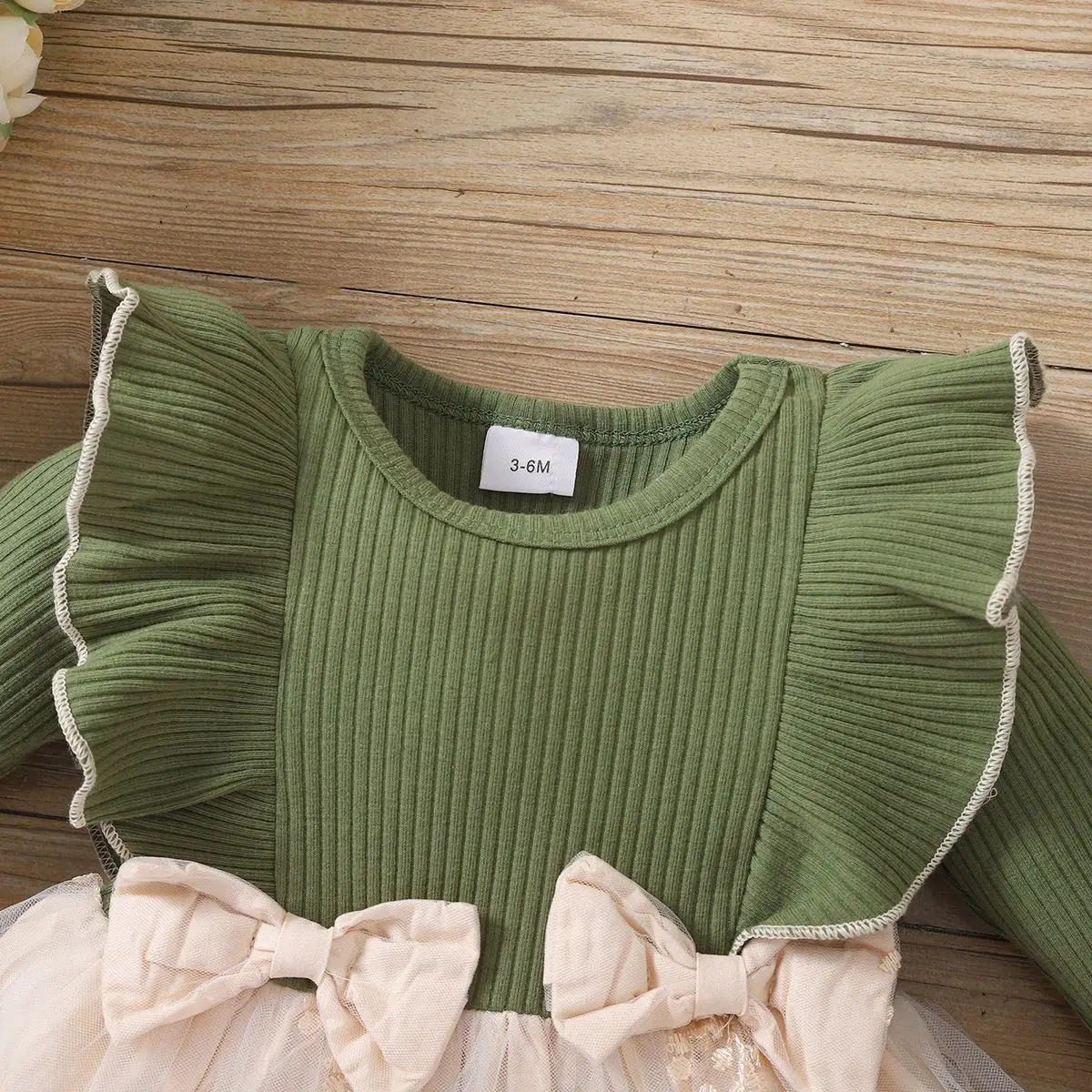 Baby Girl Ruffled Mosaic Dress Green Moustache Bow - Image 4