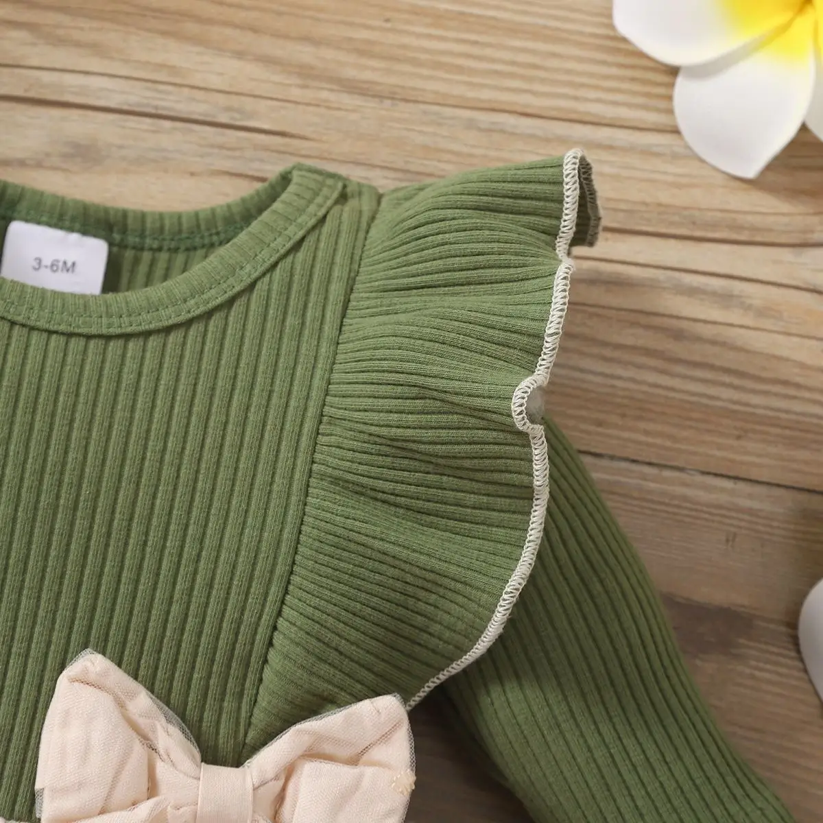 Baby Girl Ruffled Mosaic Dress Green Moustache Bow - Image 5