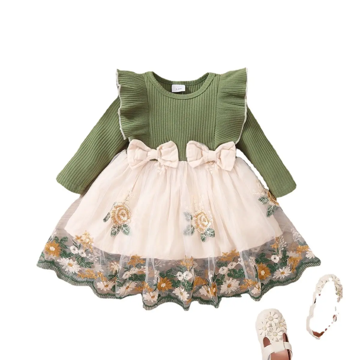 Baby Girl Ruffled Mosaic Dress Green Moustache Bow - Image 6