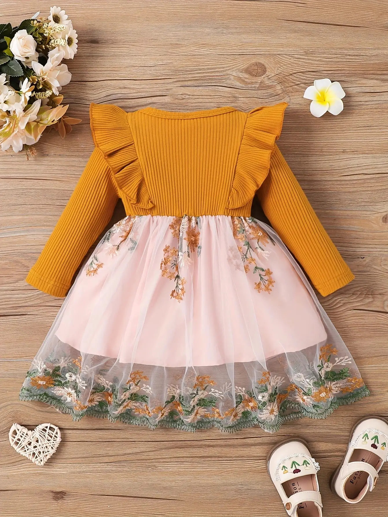 Baby Girl Ruffled Mosaic Dress Green Moustache Bow — feature 9