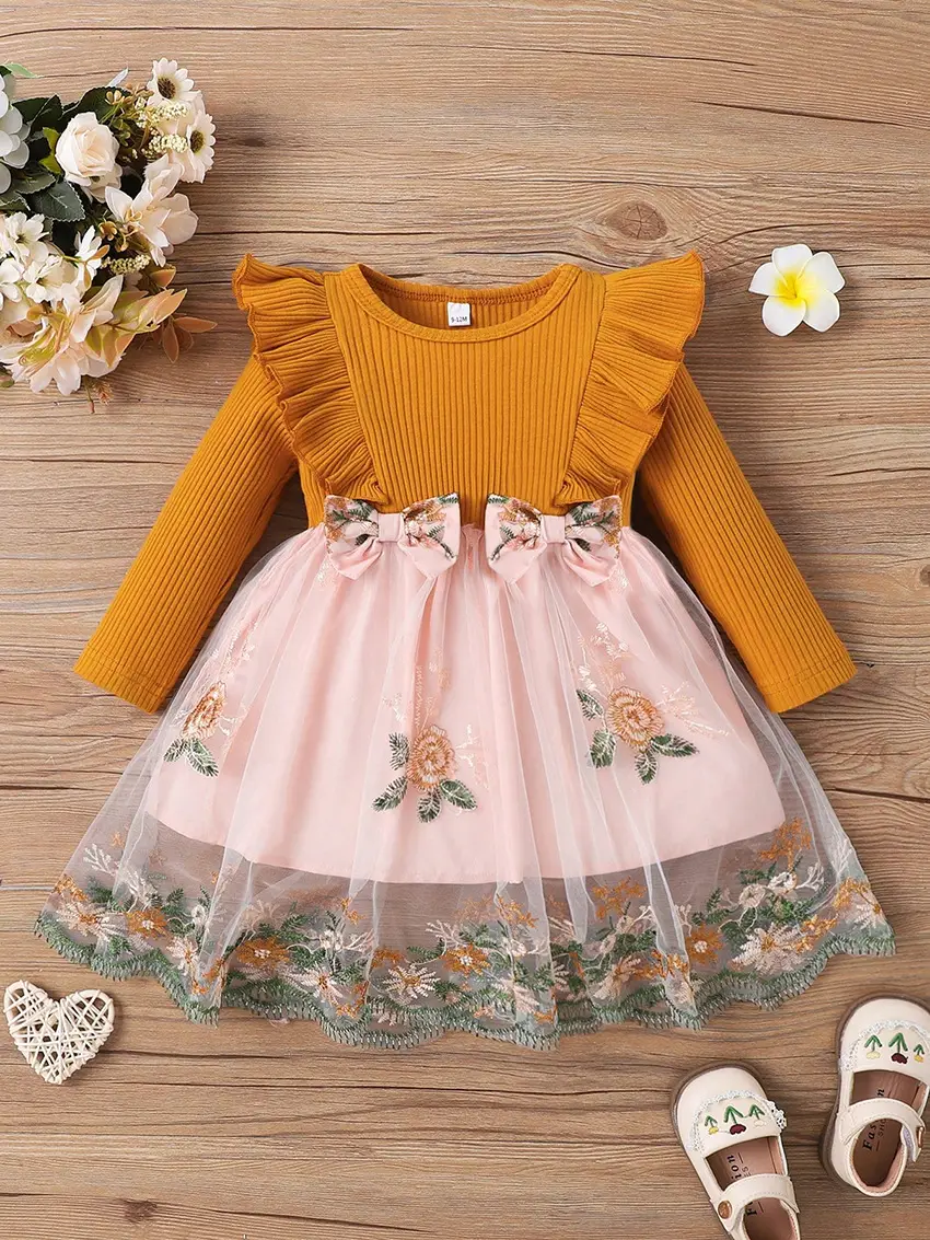 Baby Girl Ruffled Mosaic Dress Green Moustache Bow - Image 2