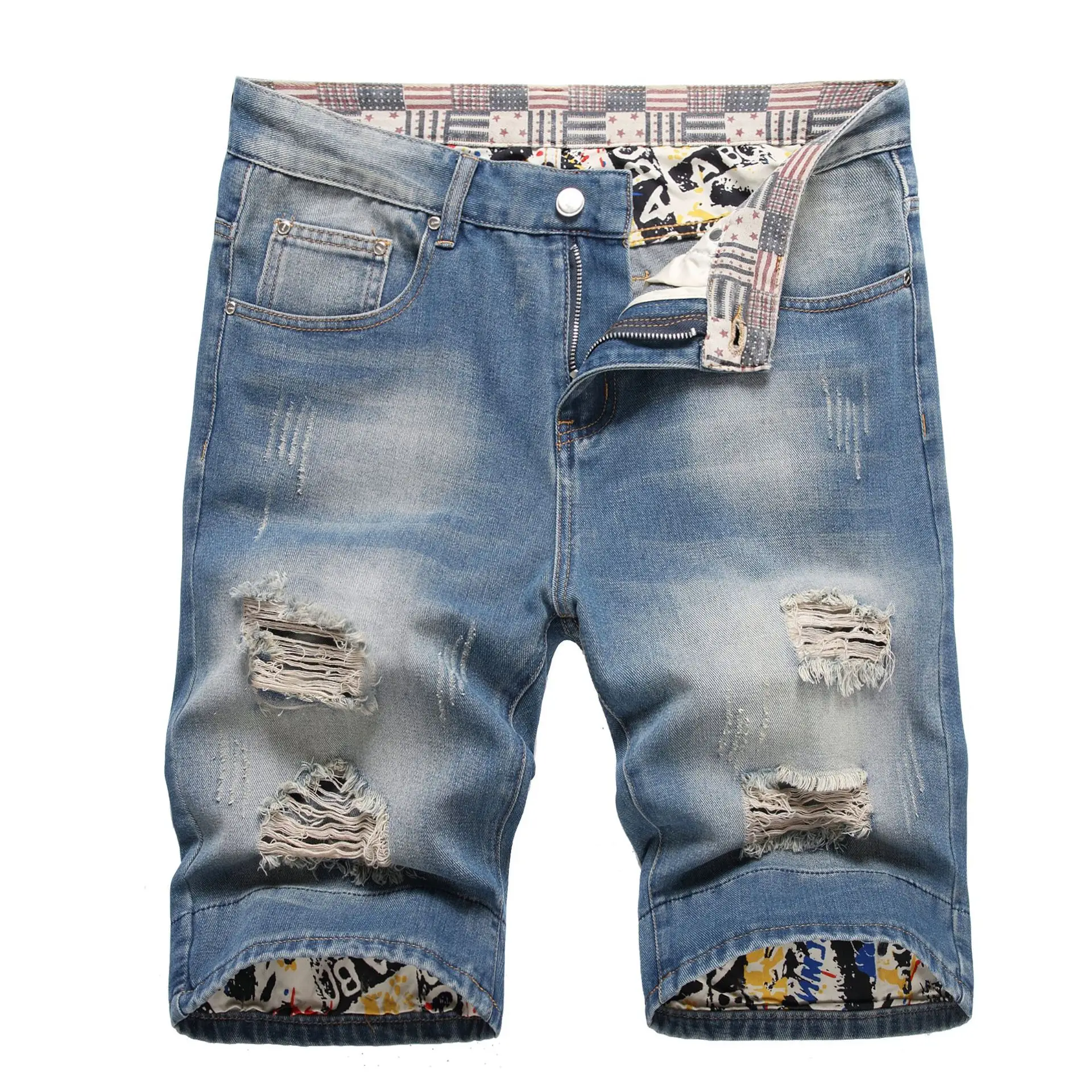 Rapped Men's Blue Denim Shorts Mid Waist Straight Cut
