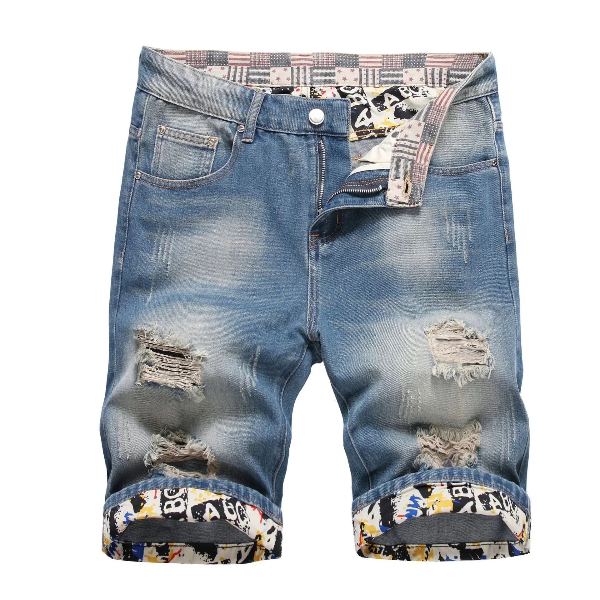 Rapped Men's Blue Denim Shorts Mid Waist Straight Cut — feature 1