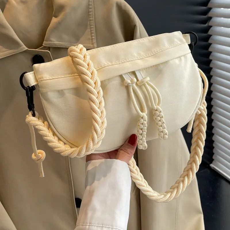 Women's Cream Rope Chest Bag with Tassel Drawstring - Image 6