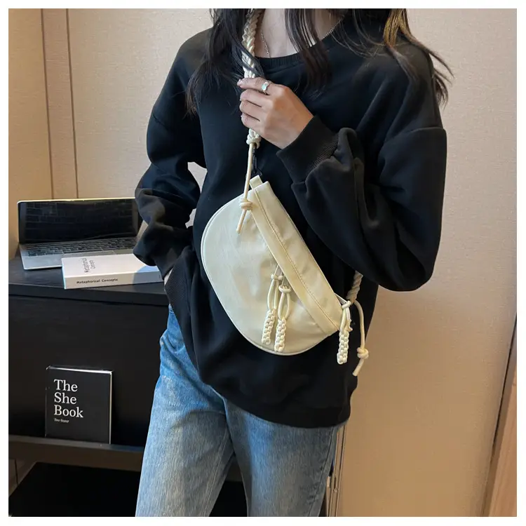 Women's Cream Rope Chest Bag with Tassel Drawstring — feature 12
