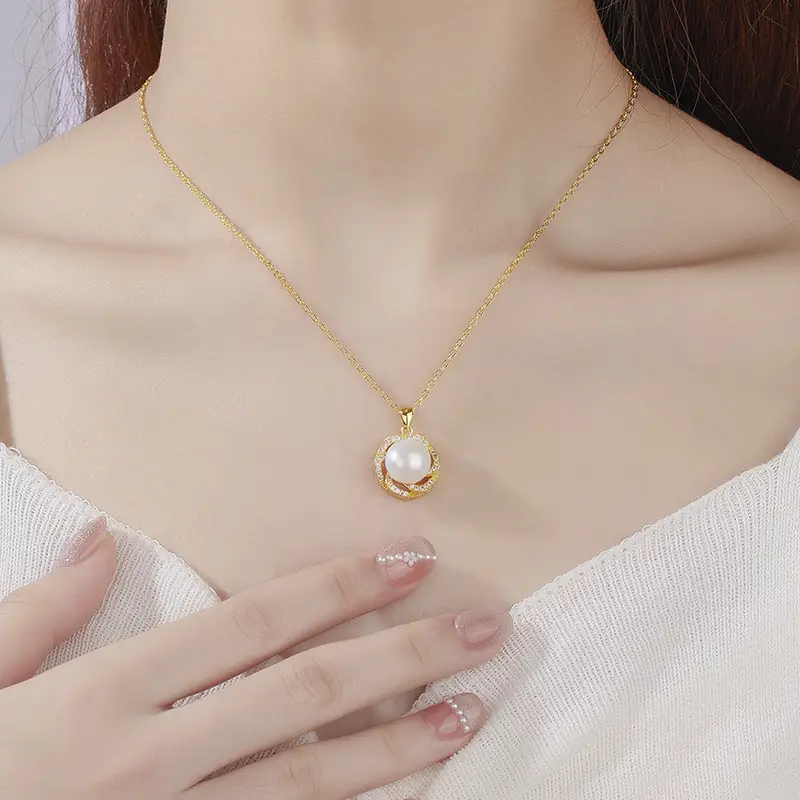 Fusion Pearl Pendant with Zircon Flower Necklace - Image 2