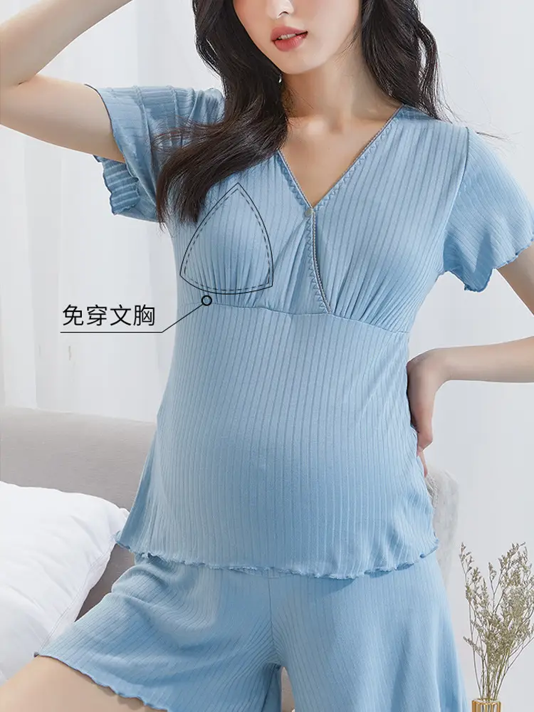 Maternity Pajamas Short Sleeve V-Neck T-Shirt Set - Image 9