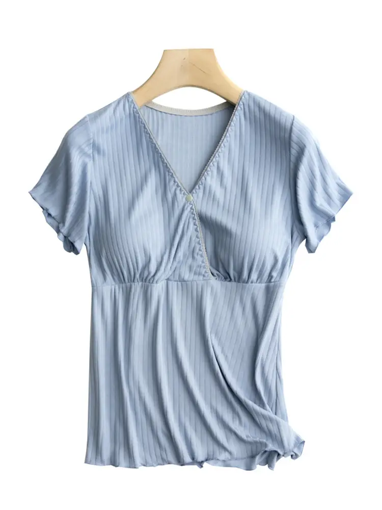 Maternity Pajamas Short Sleeve V-Neck T-Shirt Set - Image 11