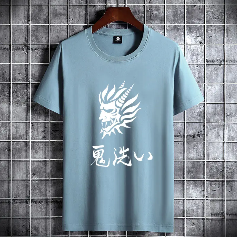 Men Cotton Short Sleeve T-Shirt Light Blue with Dragon Print — feature 3