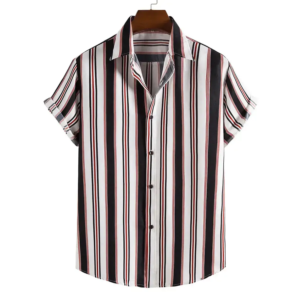 Men Striped Collar Short Sleeve Shirt Beige Brown - Image 3