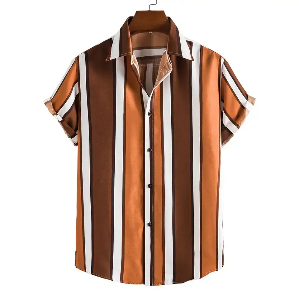 Men Striped Collar Short Sleeve Shirt Beige Brown - Image 2
