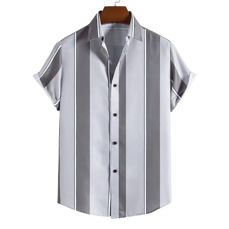 Men Striped Collar Short Sleeve Shirt Beige Brown - Image 5