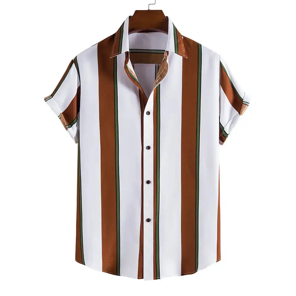 Men Striped Collar Short Sleeve Shirt Beige Brown - Image 6