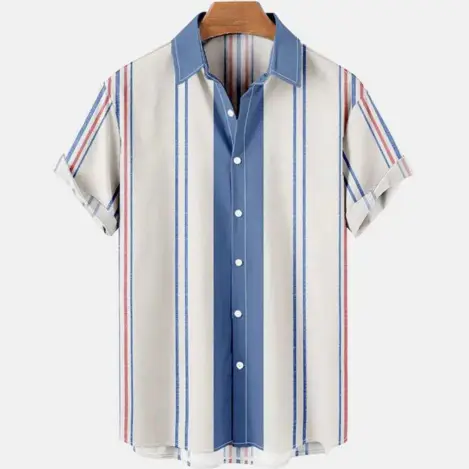 Men Striped Collar Short Sleeve Shirt Beige Brown - Image 10