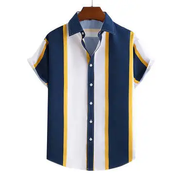 Men Striped Collar Short Sleeve Shirt Beige Brown - Image 13