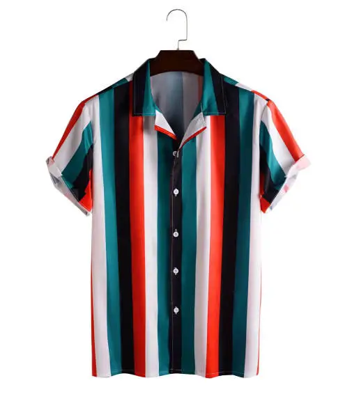 Men Striped Collar Short Sleeve Shirt Beige Brown - Image 14