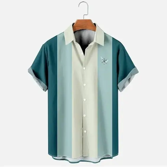 Men Striped Collar Short Sleeve Shirt Beige Brown - Image 19