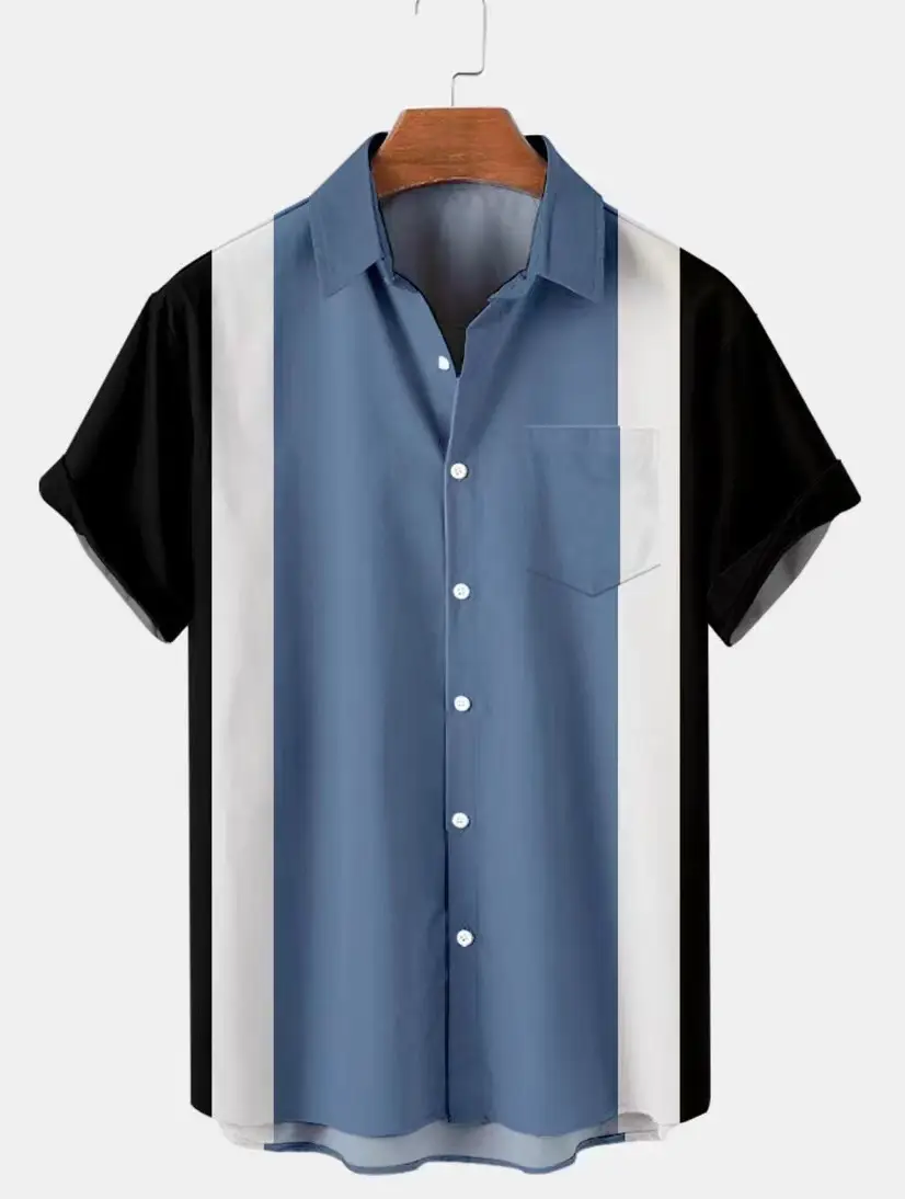 Men Striped Collar Short Sleeve Shirt Beige Brown - Image 20