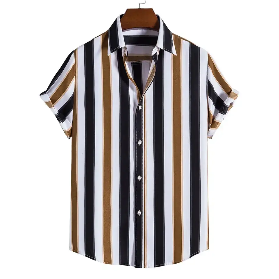 Men Striped Collar Short Sleeve Shirt Beige Brown - Image 21