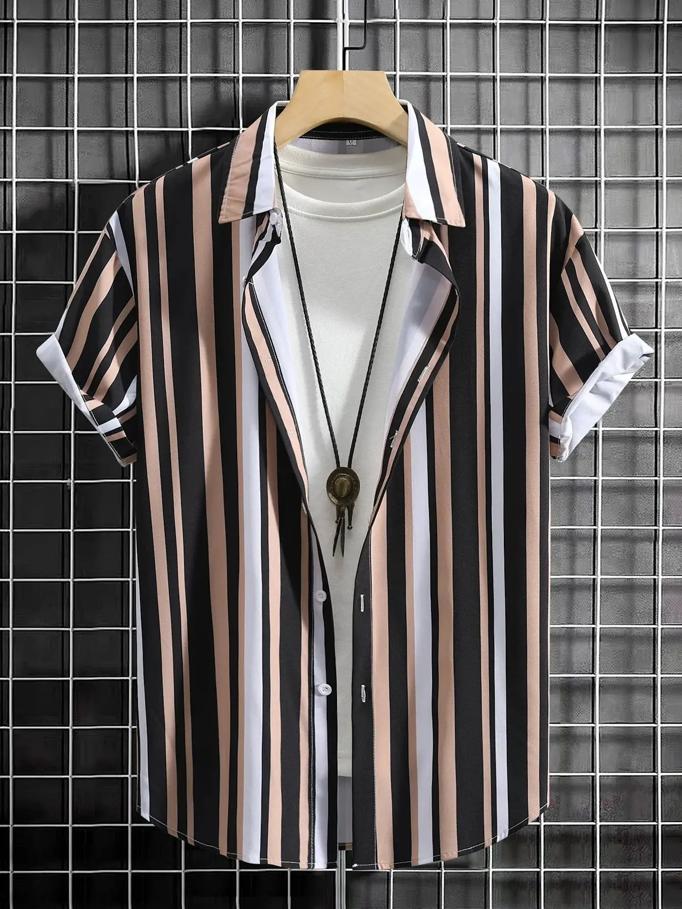Men Striped Collar Short Sleeve Shirt Beige Brown - Image 22