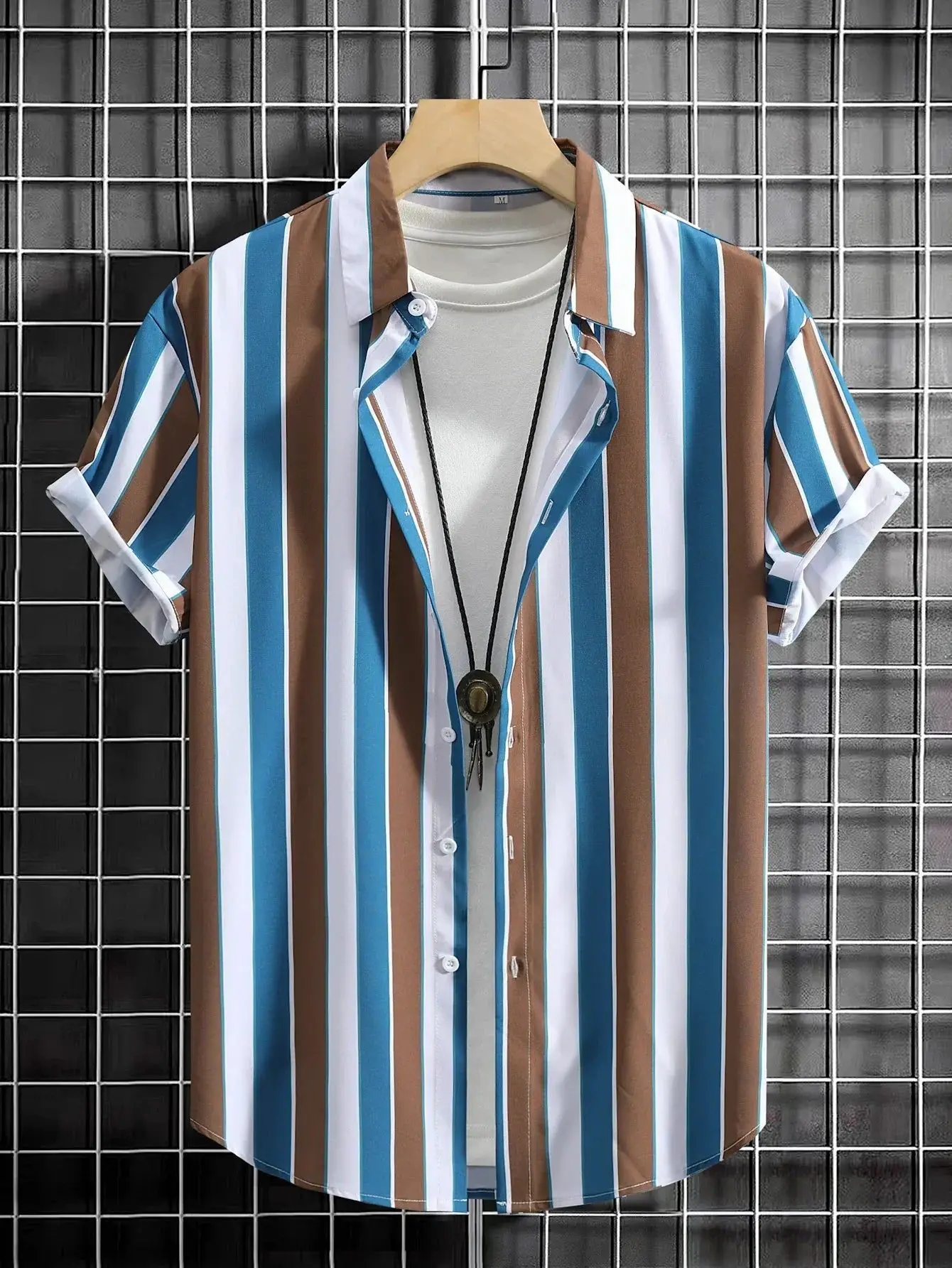 Men Striped Collar Short Sleeve Shirt Beige Brown - Image 23