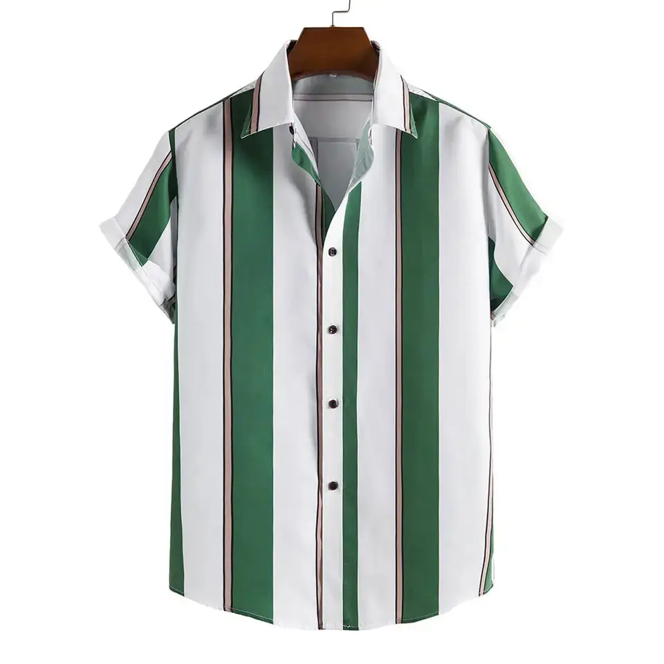 Men Striped Collar Short Sleeve Shirt Beige Brown - Image 4