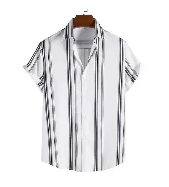 Men Striped Collar Short Sleeve Shirt Beige Brown - Image 8