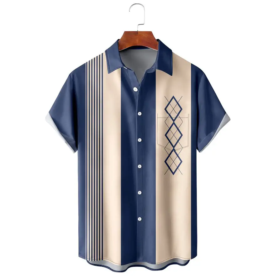 Men Striped Collar Short Sleeve Shirt Beige Brown - Image 9