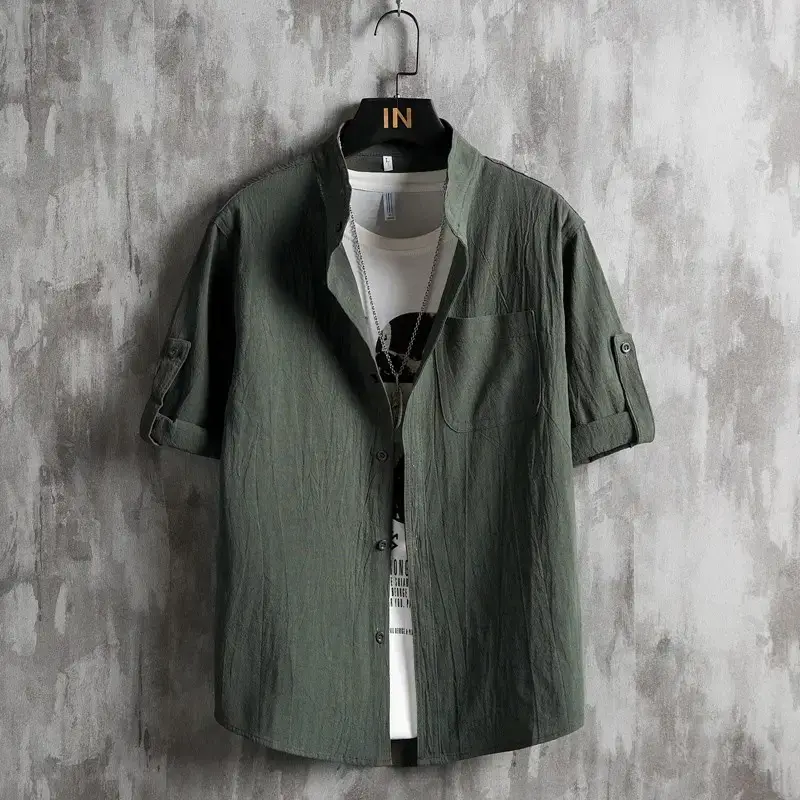Men Linen Collar Shirt Black Half Sleeve Loose Fit