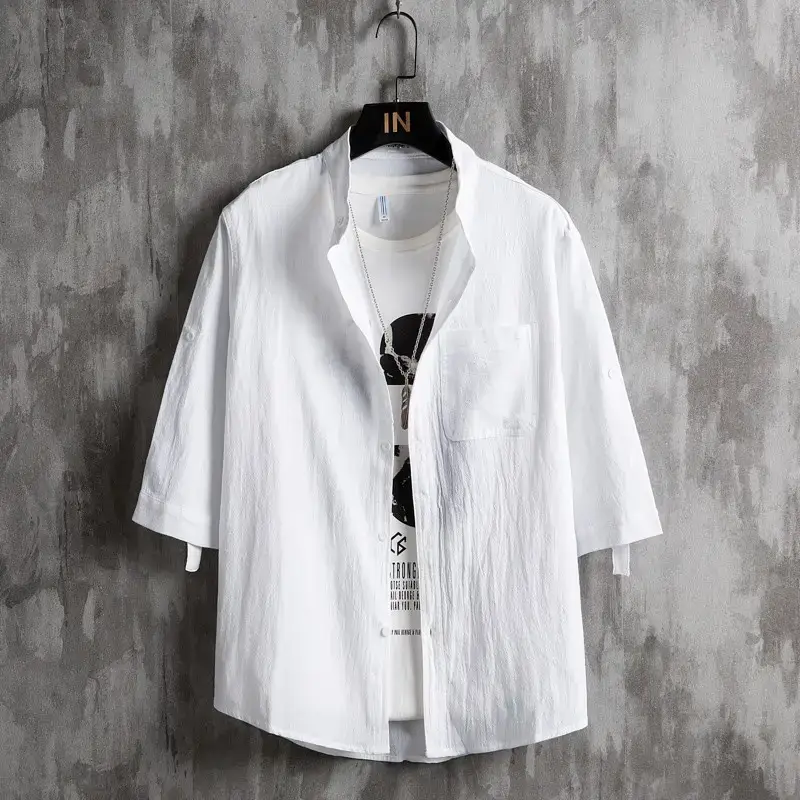 Men Linen Collar Shirt Black Half Sleeve Loose Fit
