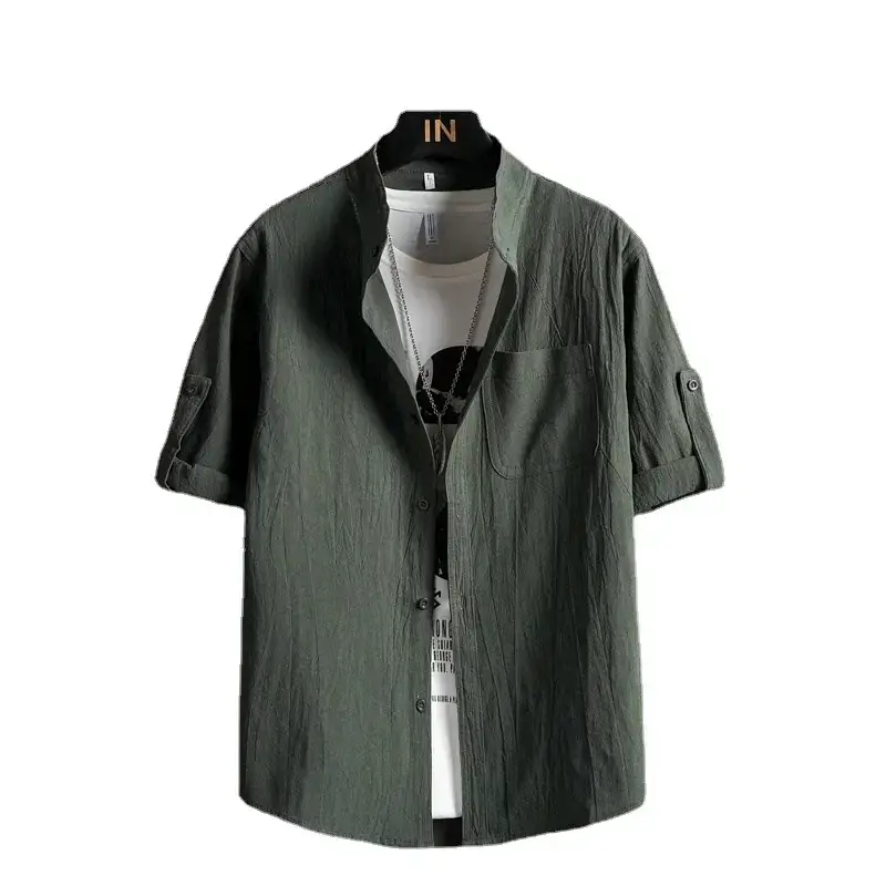 Men Linen Collar Shirt Black Half Sleeve Loose Fit