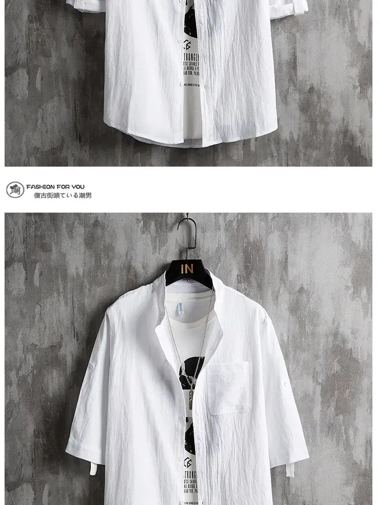 Men Linen Collar Shirt Black Half Sleeve Loose Fit — feature 3