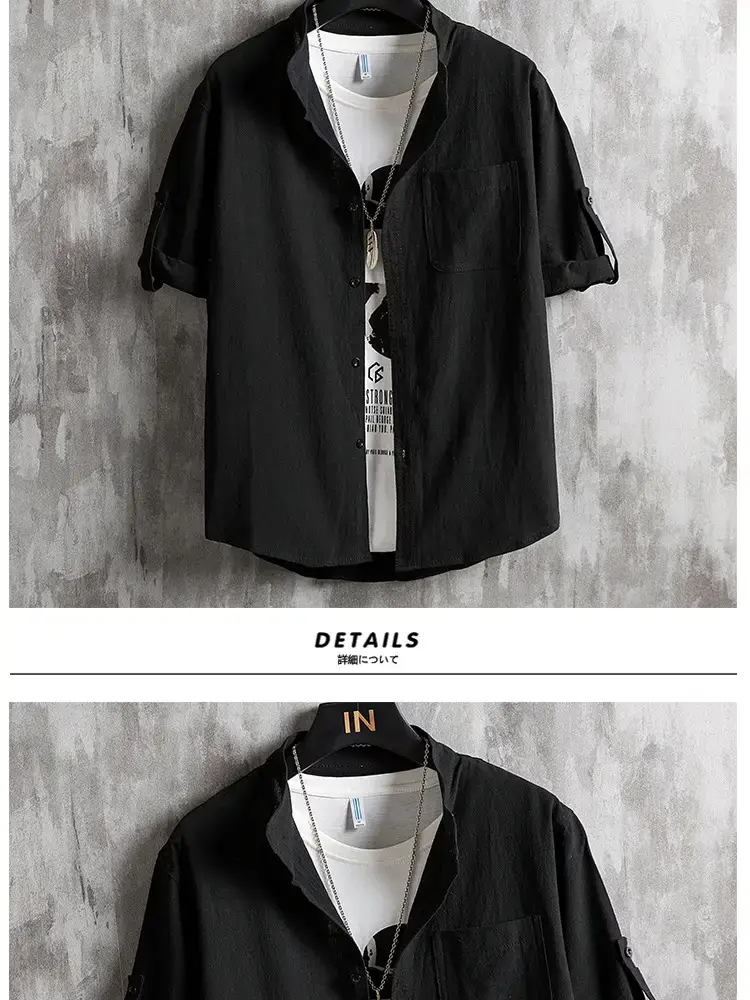 Men Linen Collar Shirt Black Half Sleeve Loose Fit — feature 6