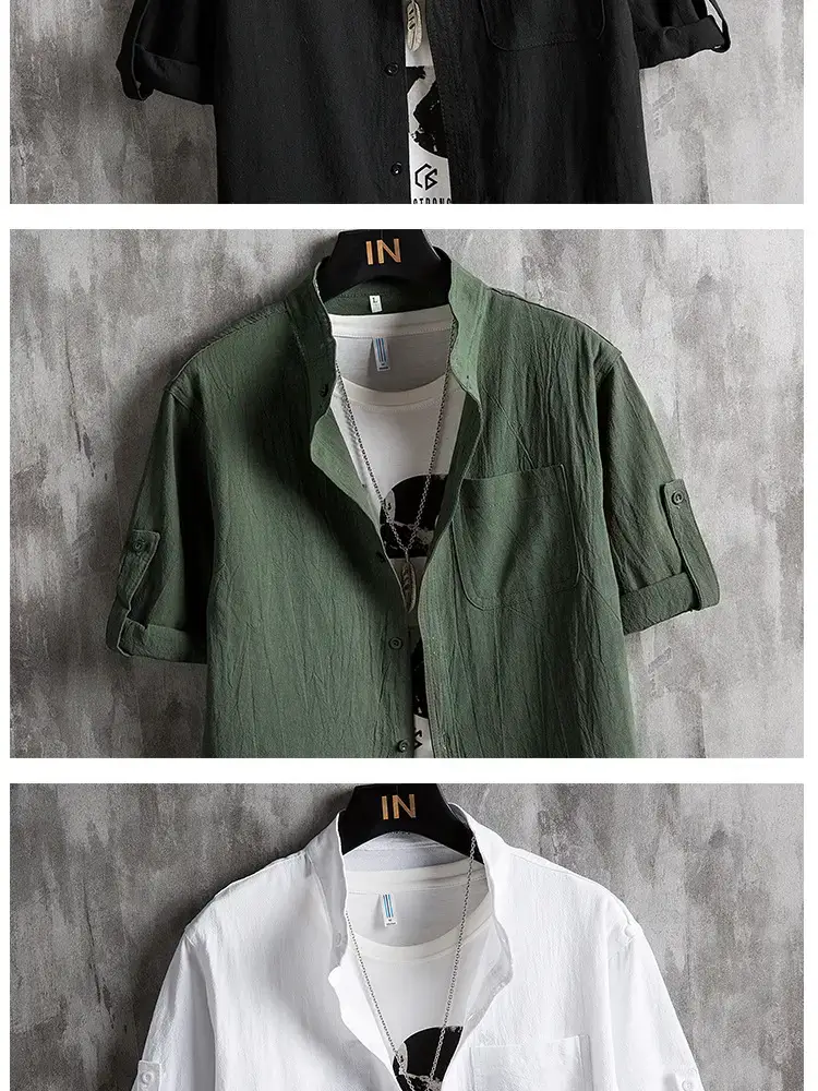 Men Linen Collar Shirt Black Half Sleeve Loose Fit — feature 7