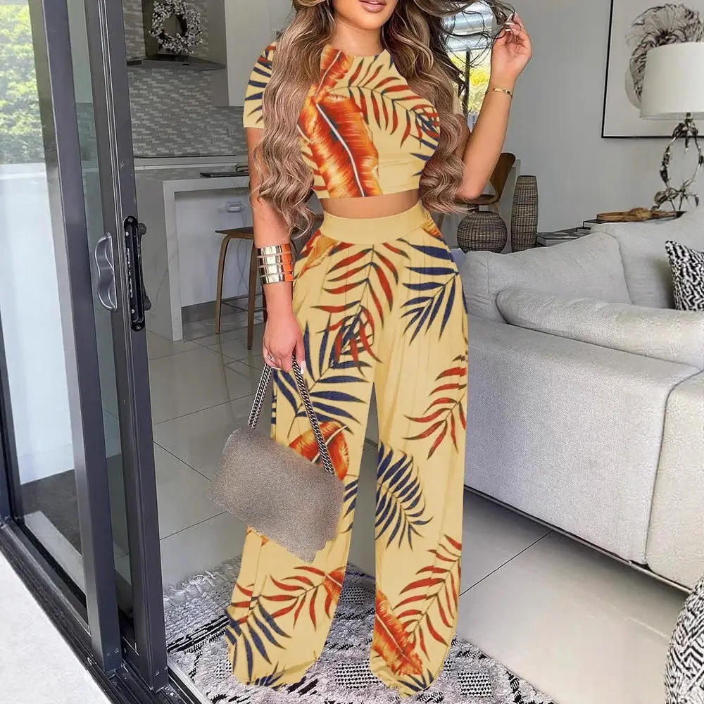 Printed Two-Piece Women's Casual Suit Yellow Palm Leaves - Image 9