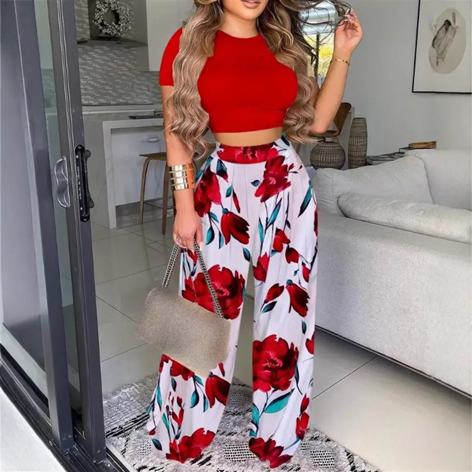 Printed Two-Piece Women's Casual Suit Yellow Palm Leaves - Image 10