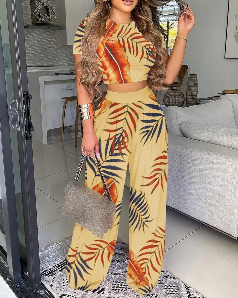 Printed Two-Piece Women's Casual Suit Yellow Palm Leaves - Image 6