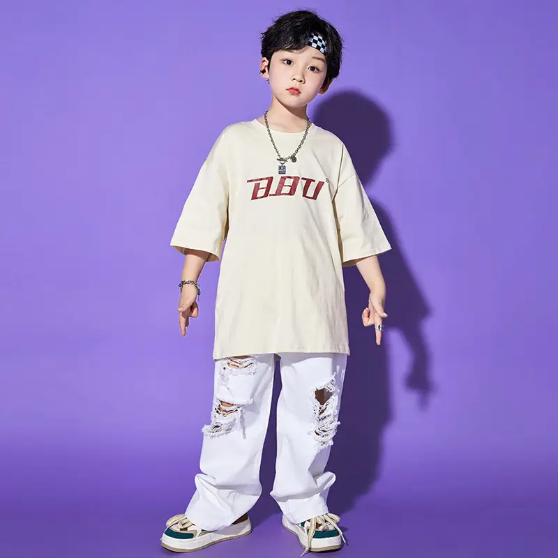 Hip Hop Kids Performance Suit Cream White Broken Pants - Image 4