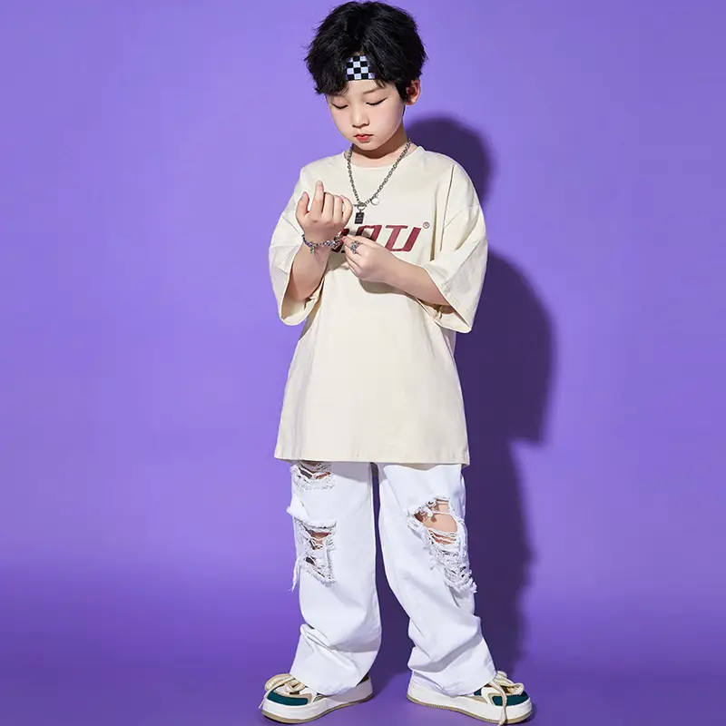 Hip Hop Kids Performance Suit Cream White Broken Pants - Image 5