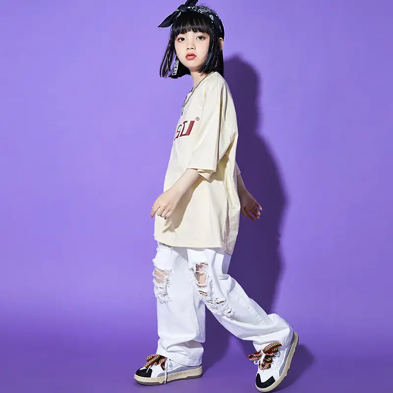 Hip Hop Kids Performance Suit Cream White Broken Pants - Image 6