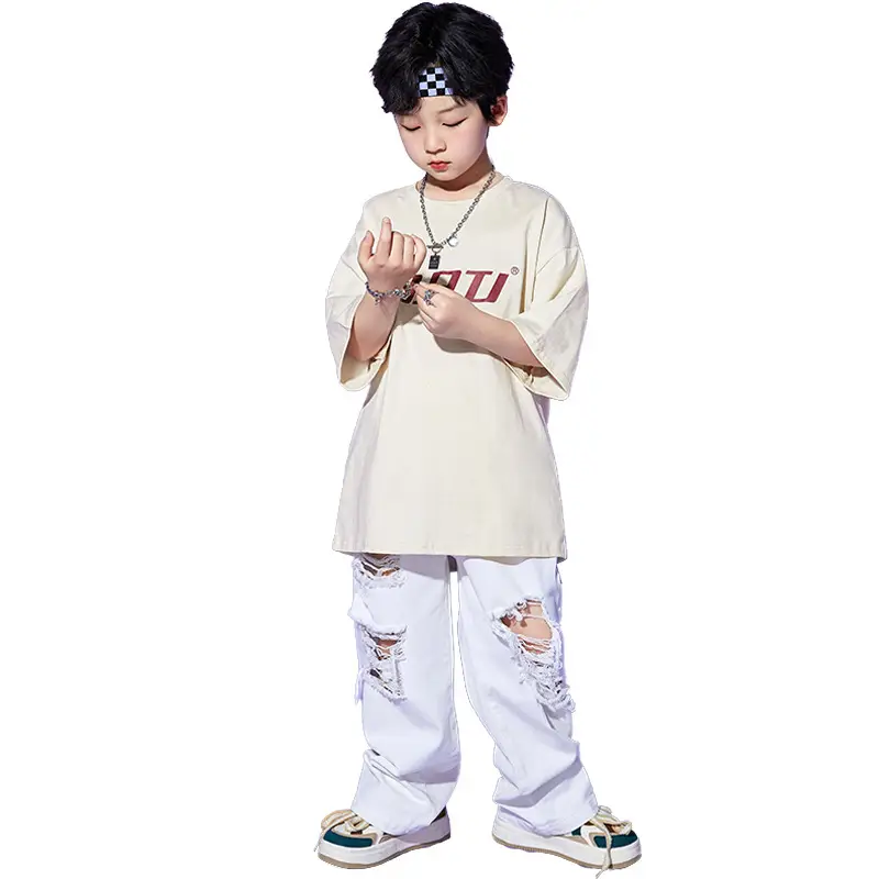 Hip Hop Kids Performance Suit Cream White Broken Pants - Image 7