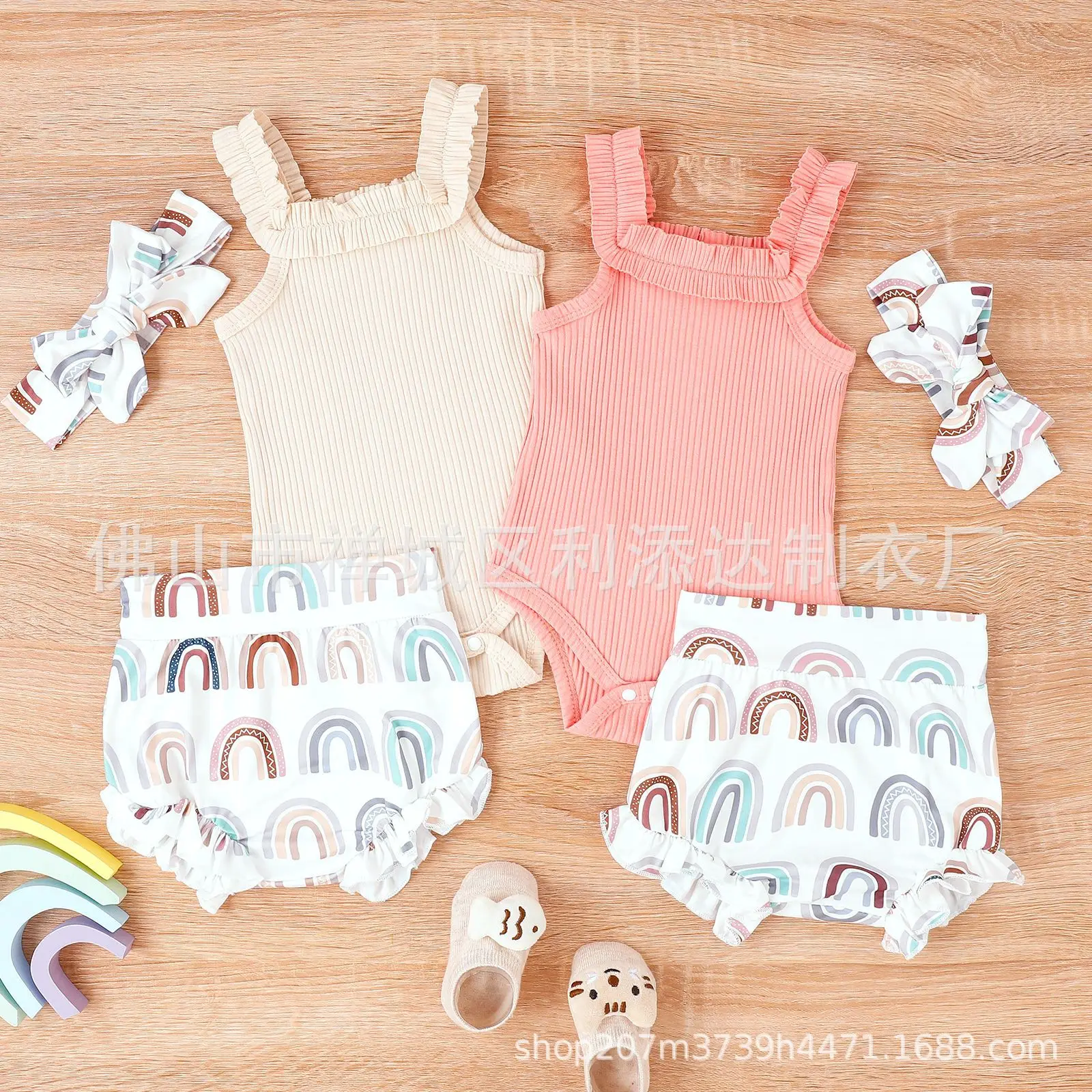 Women's Beige Strappy Top with Rainbow Print Shorts Set — feature 1