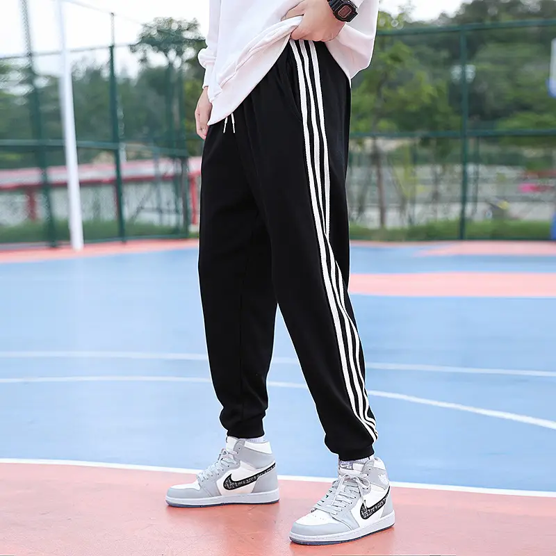 Men Black Drawstring Leg-Tied Pants with 3 Stripes - Image 6