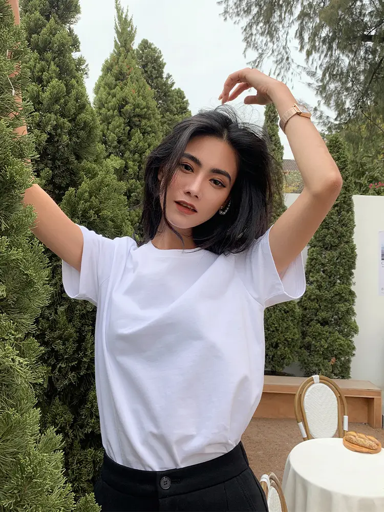Women Pure Cotton T-Shirt White Short Sleeve Loose Fit