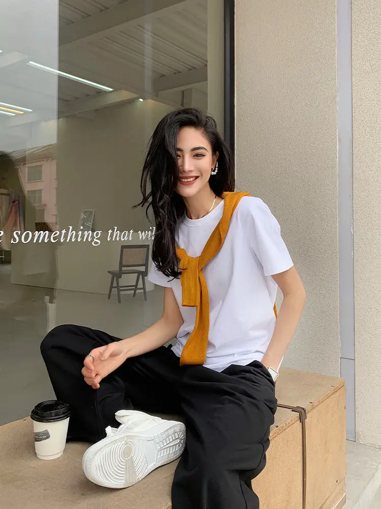 Women Pure Cotton T-Shirt White Short Sleeve Loose Fit